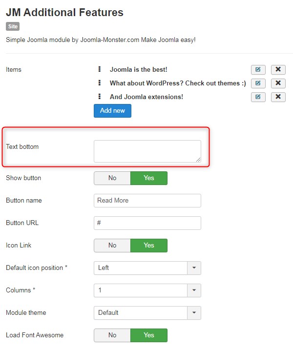 additional features text area Joomla module