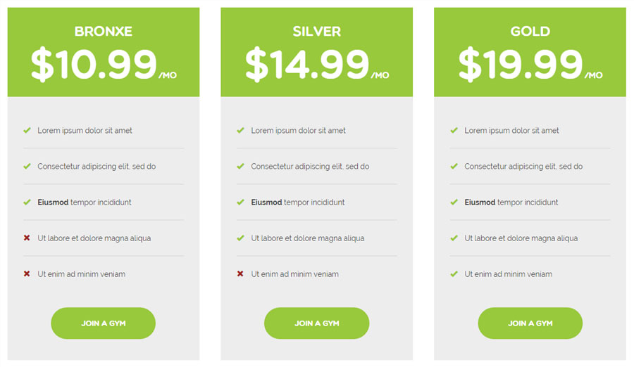 Pricing tables