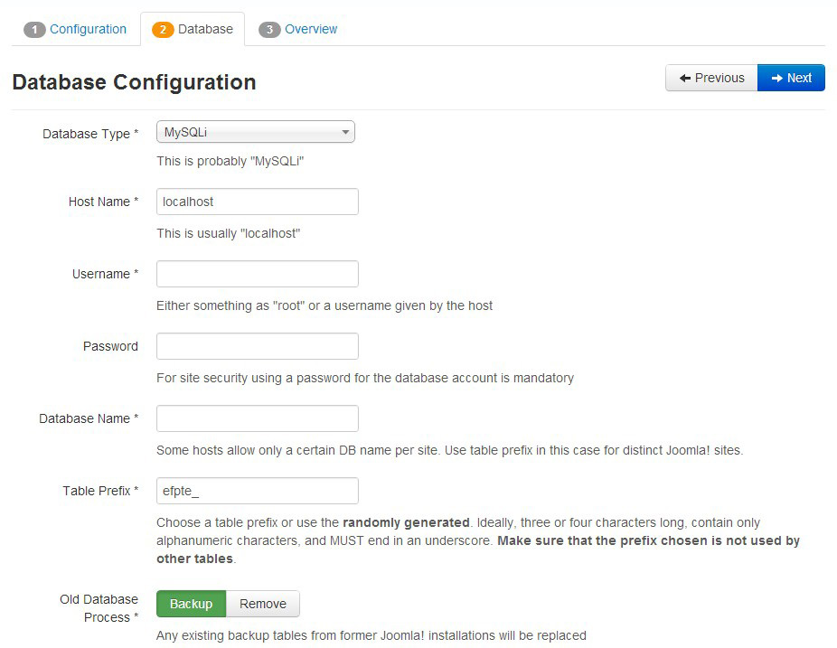 joomla database configuration