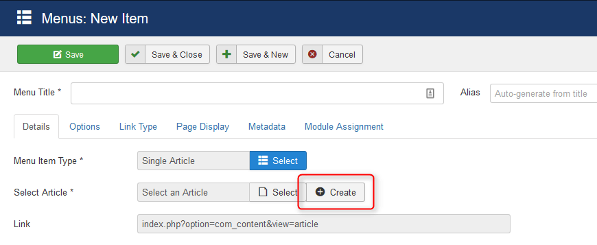 modal buttons in Joomla menu types