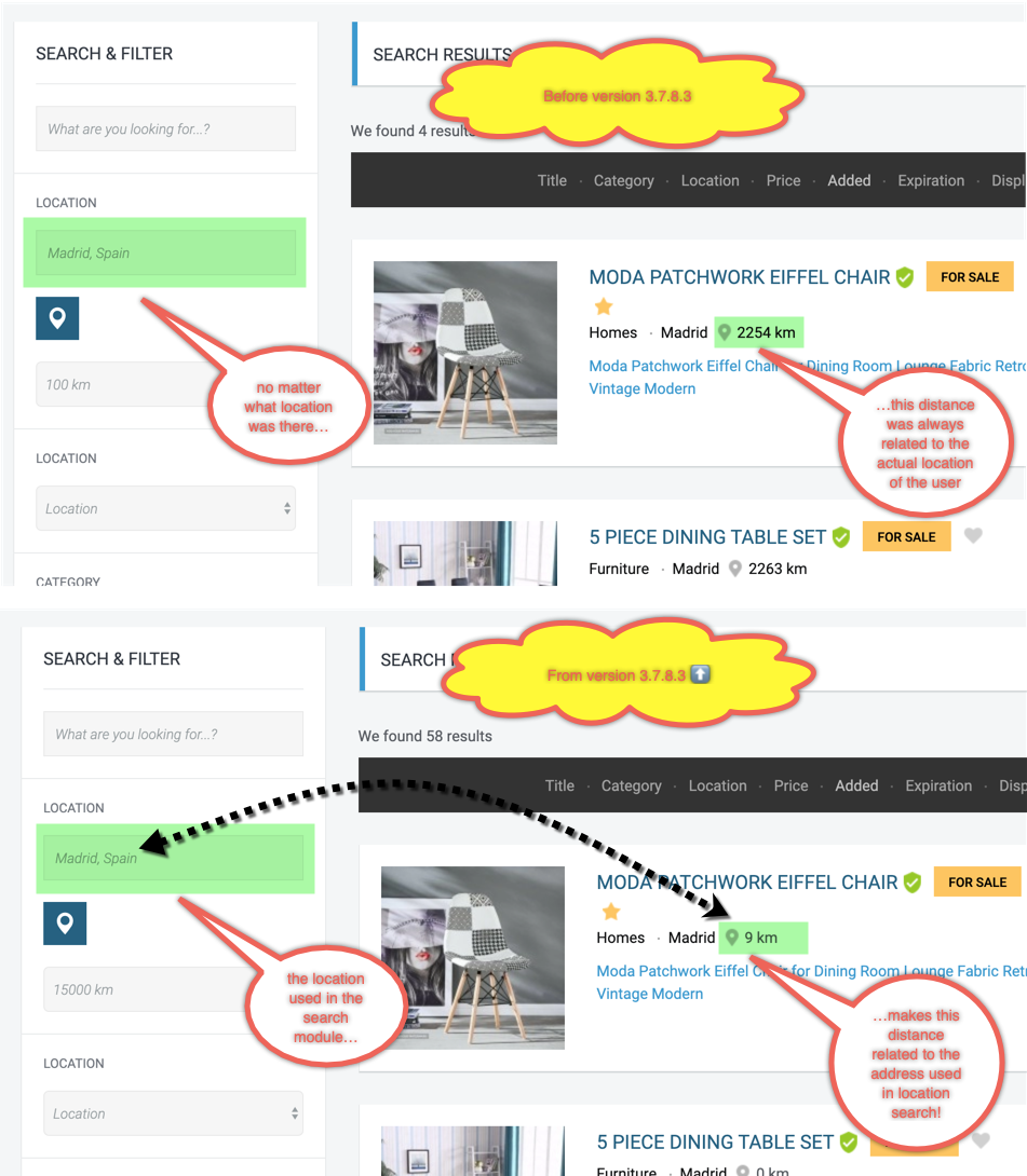 Showing distance from the searched address on ads lists Classifieds template