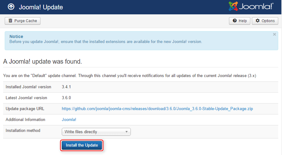 update Joomla! to version 3.6.0 with Joomla! Update component