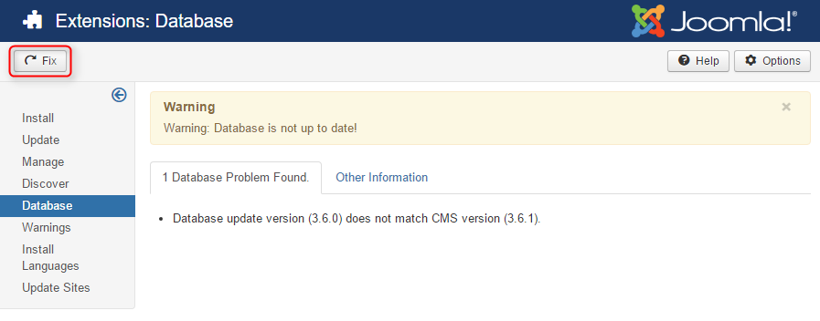 fix Joomla database
