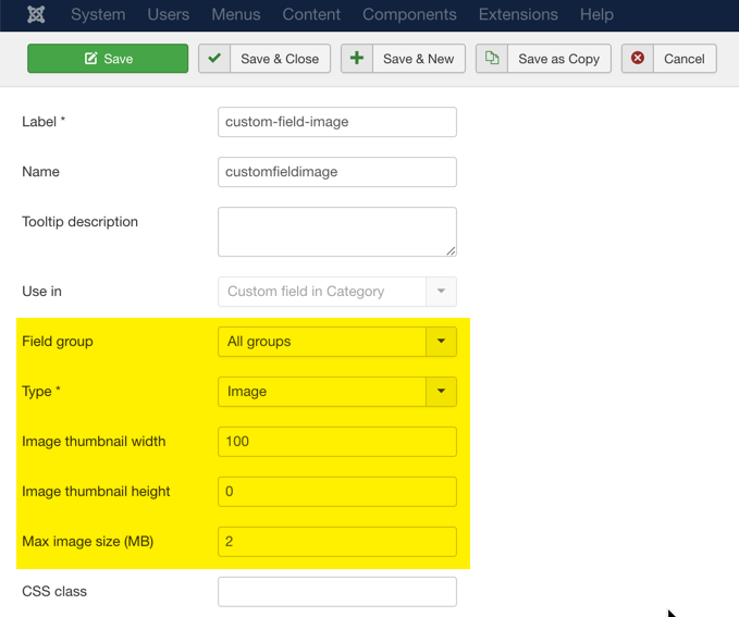 Custom field image type backend