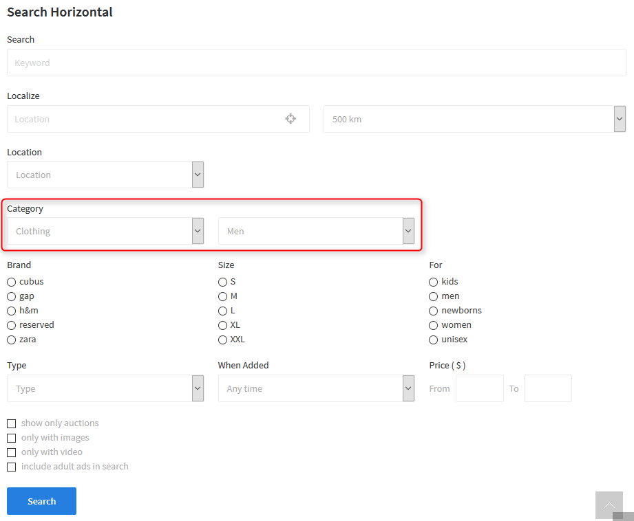 Category filter in search module DJ-Classifieds Search Module