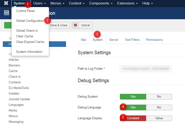 language debug joomla