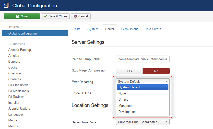 Joomla error reporting