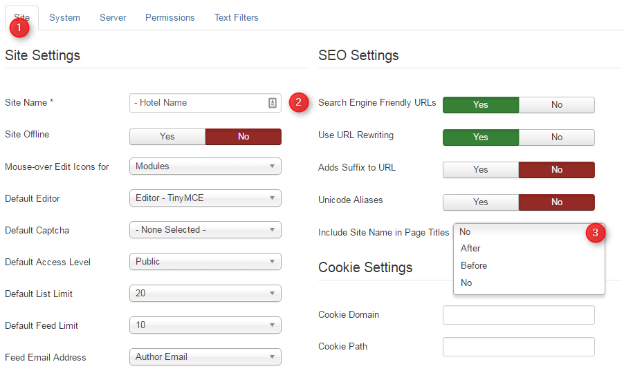 joomla site settings