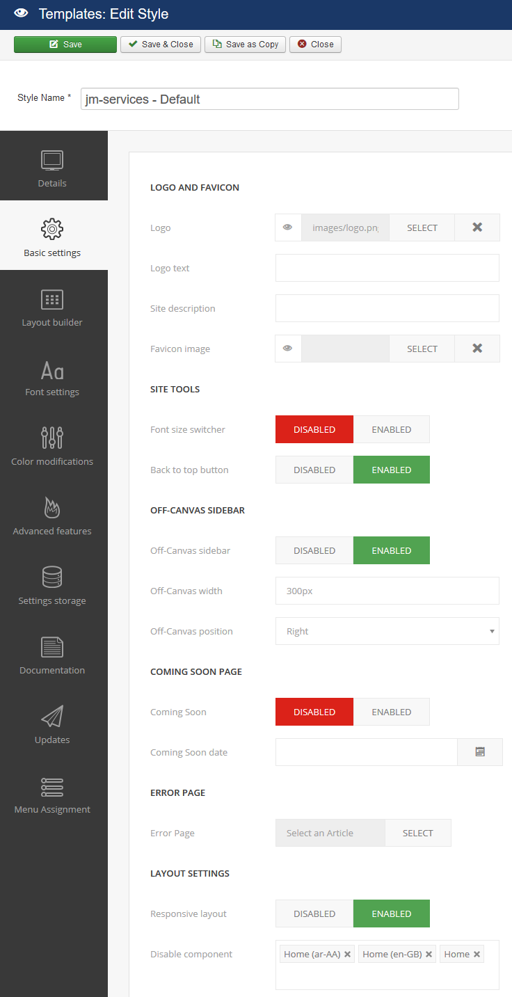 Where can I find Joomla template configuration?