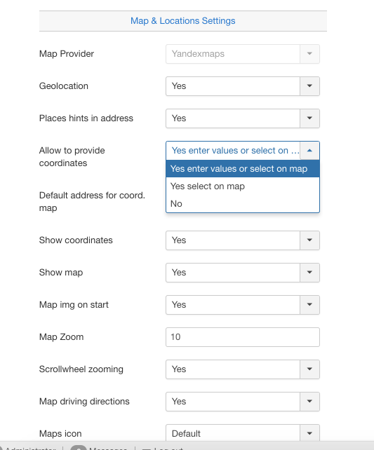 map and location settings yandex